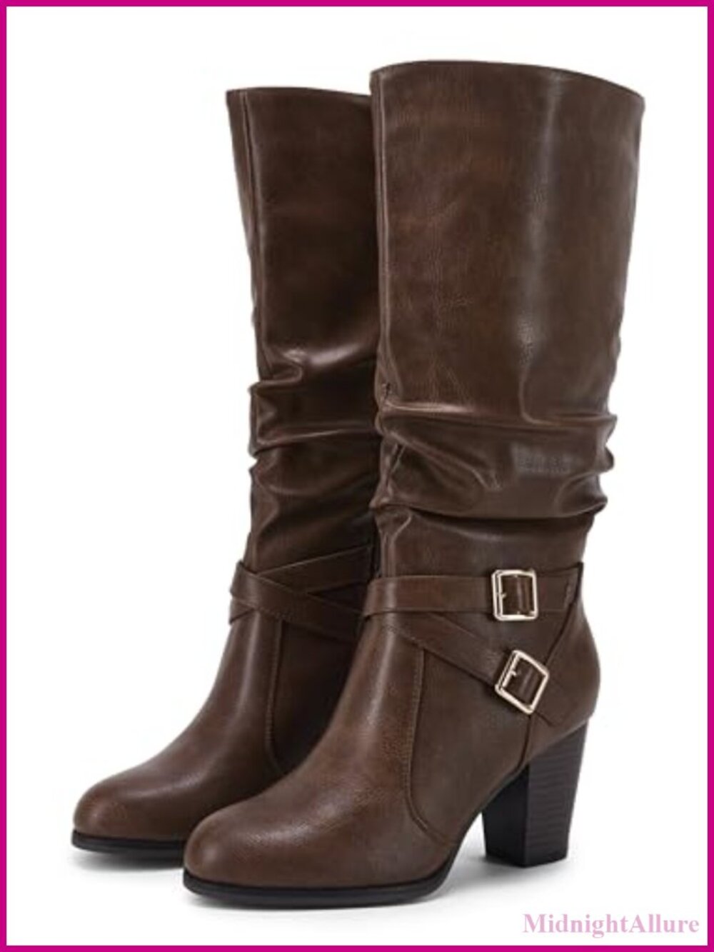 Womens Mid Knee High Boots Chunky Heel Slouchy Metal Buckle Side Zipper